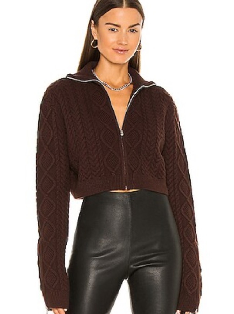 Cable-Knit Zip Front Turtleneck Sweater - Brown